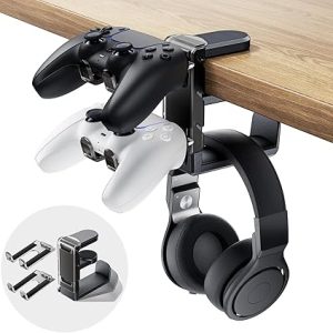 3-in-1 PC Gaming Headset&Controller Holder-PC Gaming Headset Stand，Adjustable Clamp-on Headphone Holder，Controller Headset Stand Black