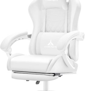 White Gaming Chair,Ergonomic Massage Computer Office Desk Chair with Footrest,Pocket Spring Cushion,Reclining Leather Adjustable Gamer Chair with Headrest and Lumbar Support,White
