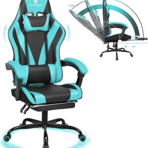 Gaming Chair with Linkage Armrest & Footrest, High Back Video Gaming Chair, Black/Light Blue
