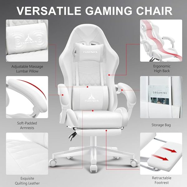 White Gaming Chair,Ergonomic Massage Computer Office Desk Chair with Footrest,Pocket Spring Cushion,Reclining Leather Adjustable Gamer Chair with Headrest and Lumbar Support,White - Image 2