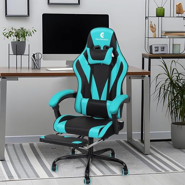 Gaming Chair with Linkage Armrest & Footrest, High Back Video Gaming Chair, Black/Light Blue - Image 3